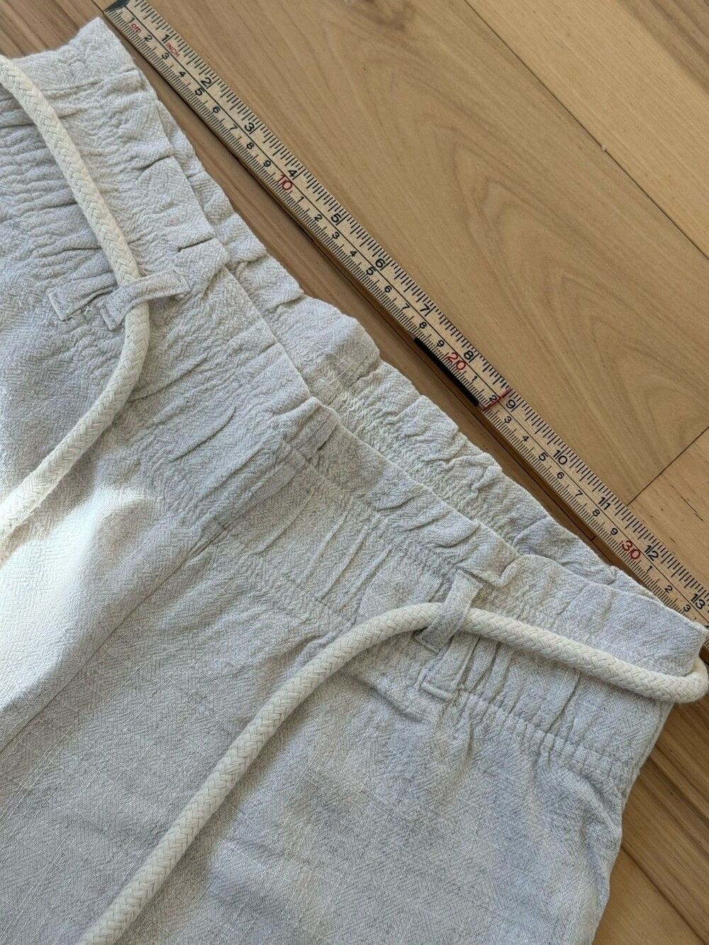 Linen Pants Rope Belt Tassel Wide Leg Beige Natural Coastal Cottage Beach Small - Picture 6 of 9